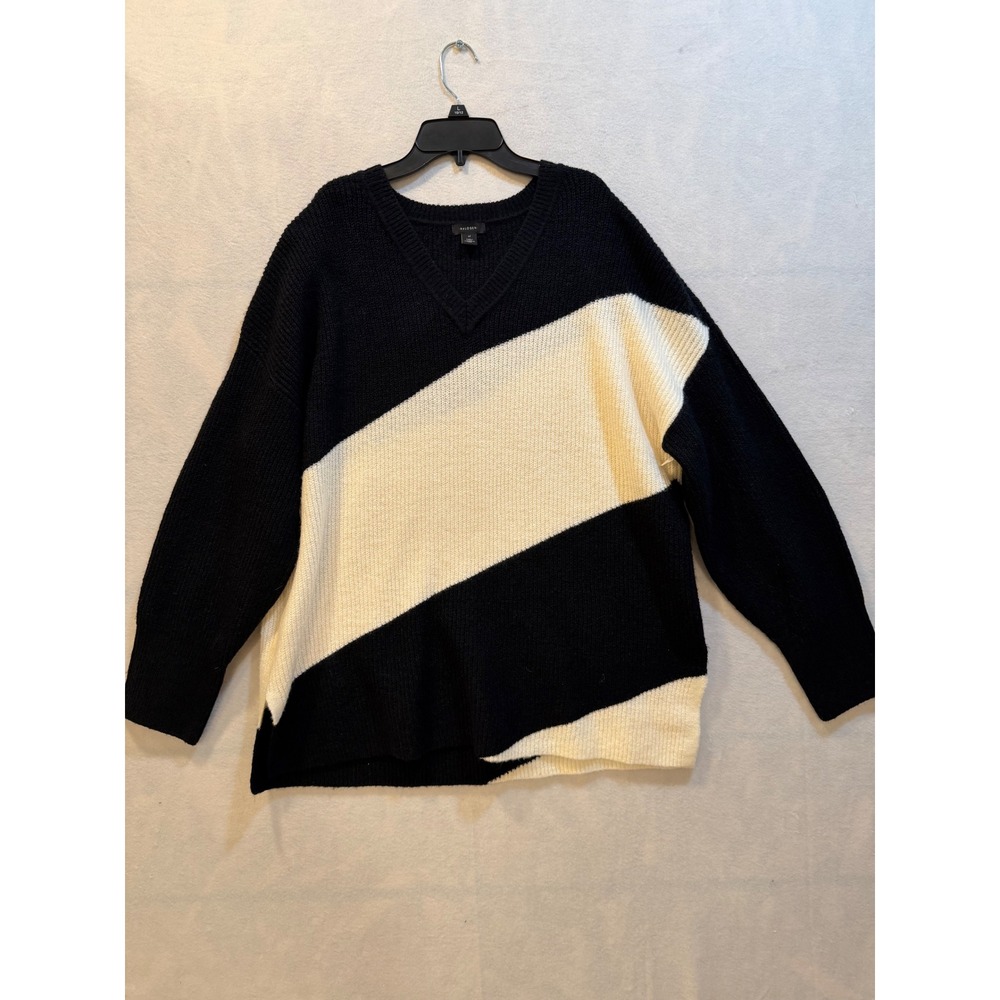 Halogen V Neck‎ Diagonal Stripe Sweater Black Cream XL Oversized